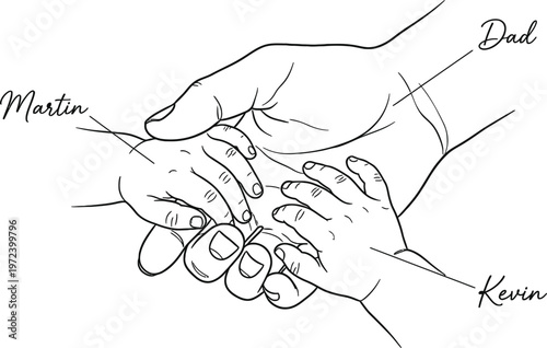 Custom Dad and Children Hands Together Personalized Family Line Art SVG Design with Script Name Labels Father and Kids Hand Sketch for Father's Day T-shirt and Sublimation Print