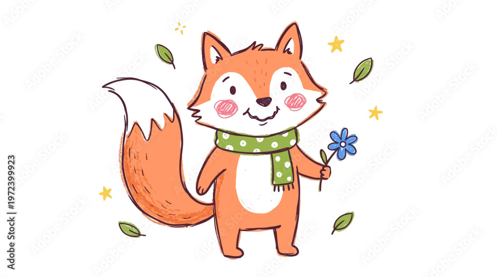 Fototapeta premium A cartoon fox holds a blue flower while wearing a green scarf surrounded by leaves and stars indoors.