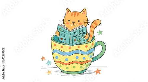 A cute orange cat reads a book sitting inside a colorful teacup surrounded by stars.