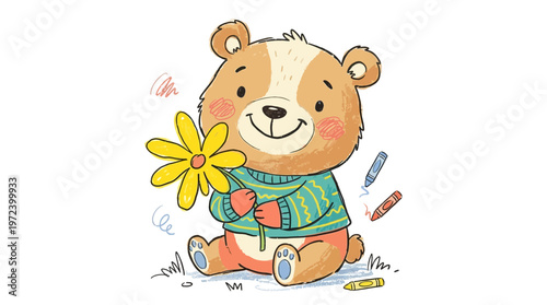 A cute brown bear sitting with a yellow flower and colorful crayons