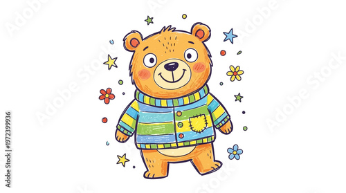 A cute bear wearing a colorful sweater surrounded by stars and flowers