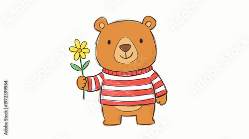 A cute bear holds a bright yellow flower in its paw standing outdoors