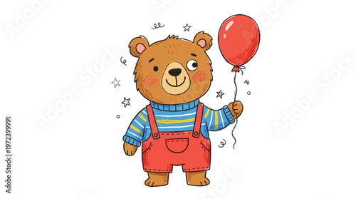 A cute cartoon bear holding a red balloon and wearing colorful clothes outdoors