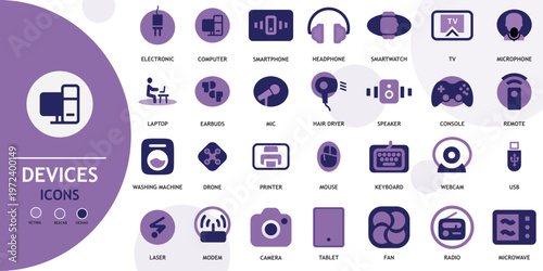 Devices icon set. Containing smartphone, tablet, computer, TV, camera, speaker, smartwatch, microphone, headphones and more. Solid vector icons collection with multicolour code