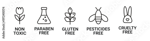 Clean Beauty Skincare Labels Set Featuring Non Toxic, Paraben Free, Gluten Free, Pesticide Free and Cruelty Free Icons with Eco Friendly, Sustainable and Gentle on Skin Benefits for Cosmetic Packaging