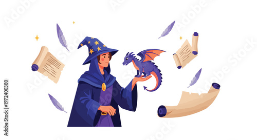 Enchanting flat 2D illustration of a young wizard holding a small dragon, surrounded by magical scrolls, embodying a whimsical fantasy theme