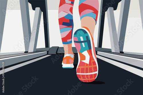 Person walks on treadmill wearing colorful workout gear in gym setting during morning hours for fitness routine