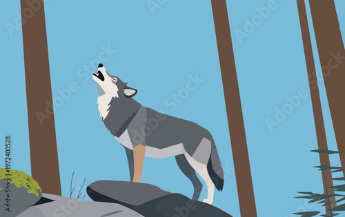 Wolf howling in a forest during daytime with trees and rocks in the background
