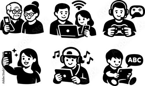 Line icon generations age technology lifestyle digital people set. Vector
