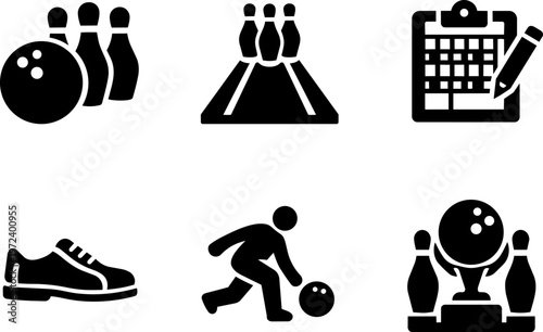 Line icon bowling sport ball pins game set. Vector
