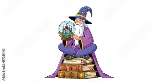 Enchanting Fantasy Wizard Gazing into a Crystal Ball on Books, Flat 2D Illustration - A Magical Theme for Your Projects