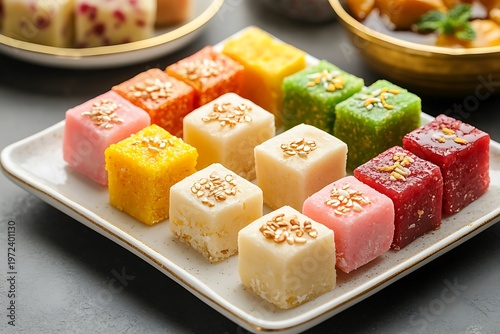 Assorted colorful barfi cubes neatly arranged on a white ceramic plate with golden accents 