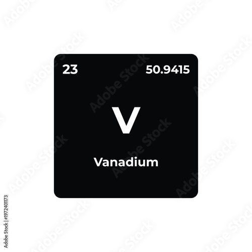 Vanadium periodic table element tile with atomic number 23 and atomic mass, minimalist black square design, chemistry, science, metal, element