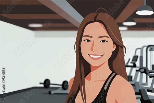 Smiling woman standing in a gym with workout equipment in the background during daytime