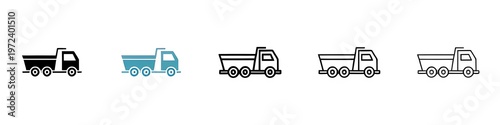 Tipper vector icon set. Garbage dumper truck symbol suitable for apps and websites. Thin line customizable illustration. Contour symbol. Vector isolated outline drawing. Editable stroke