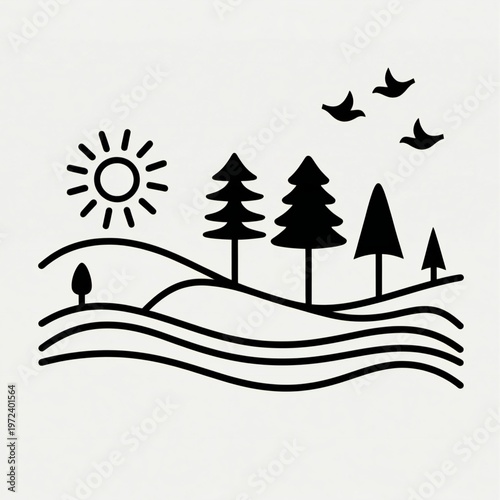 Minimalist illustration of trees sun and birds in a landscape