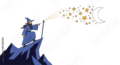 Wizard creating a fantasy theme with stars and moon, a flat 2D illustration