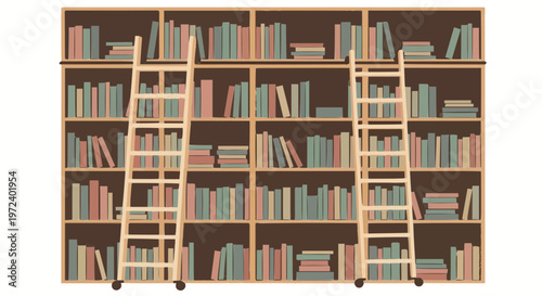 Large home library room with extensive bookshelves wooden ladder and reading chair