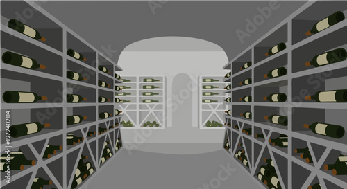 Long narrow wine storage cellar corridor with racks full of bottles