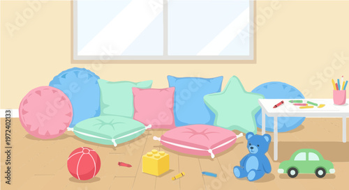 Colorful childrens playroom with floor pillows toys and bright furniture