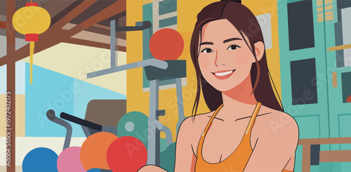 Woman sits in fitness area with exercise equipment and colorful balls during daytime in a casual setting