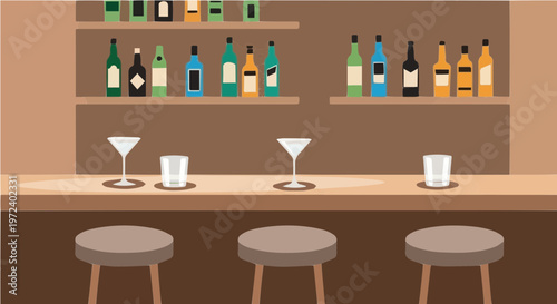 Home bar counter with stools shelves of bottles and cocktail glasses