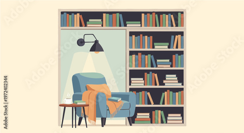 Comfortable reading nook armchair with tall bookshelves and lamp