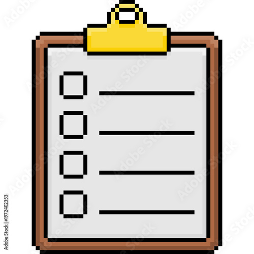Pixel art clipboard with empty checklist and blank check boxes icon