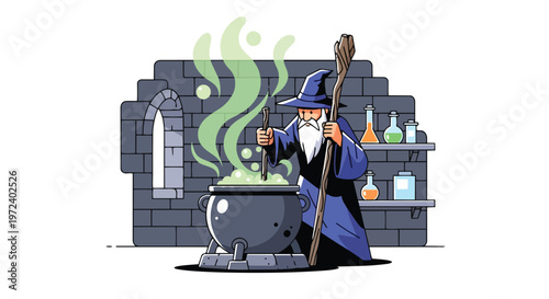 A captivating flat 2D illustration of a wise wizard in a fantasy setting, brewing a magical potion with vibrant green smoke emanating from the cauldron, perfect for thematic designs