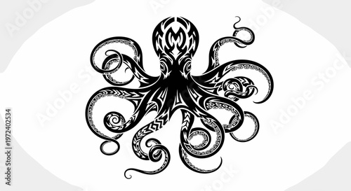 Black octopus with curly tentacles.