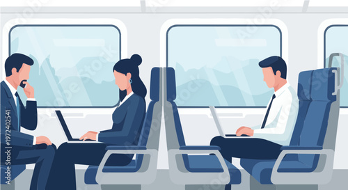 Business professionals working on laptops while seated in comfortable train or airplane cabin seats illustration