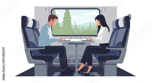 Couple working on laptops together while seated in train seats with scenic window view illustration