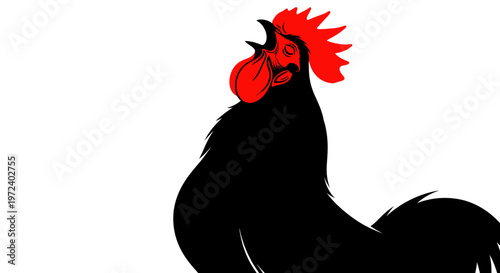 Black Rooster Crowing Loudly with Red Comb - Isolated on White Background
