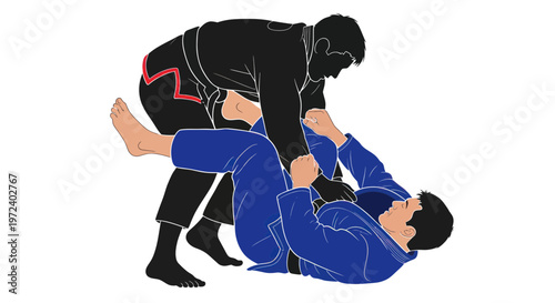 Two martial artists in gi grappling, combat sport, jiu jitsu, wrestling, illustration
