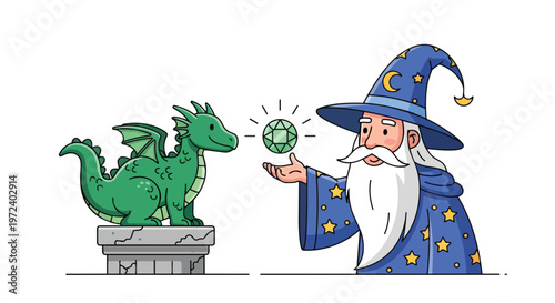 A whimsical flat 2D illustration depicting a fantasy wizard conjuring a magical emerald for a cute green dragon, perfect for a fantasy theme