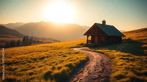 remoteness. A winding dirt path leads to a cozy wooden cabin in a sunlit meadow with distant mountains. travel magazines, destination branding, designed for travel destination branding.
