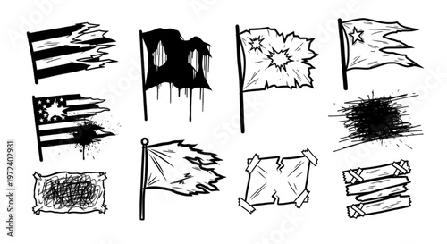 Urban Graffiti Torn Flag Symbols Vector Illustration Sheet in Black Ink Grunge Punk Street Art Style