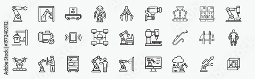 Robotic Arms and Automation Icons. Industrial robotic arms, assembly conveyor, camera, plc cabinet illustration. Line art automation technology icons. 