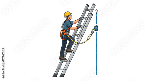 Man climbing ladder with safety harness.