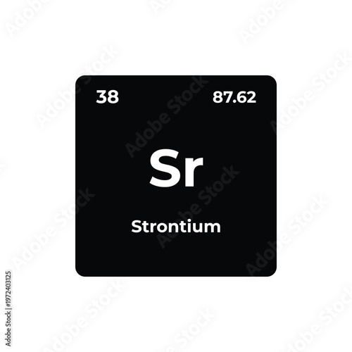 Strontium element tile on periodic table, chemical symbol Sr with atomic number and weight, minimalist black design for chemistry, science, education, and laboratory concepts.