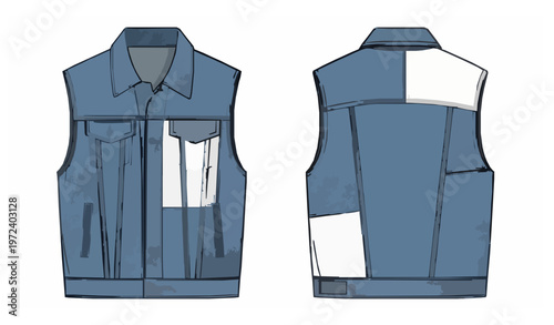 Oversized Denim Vest Technical Fashion Illustration with Flap Pockets and Button Closure