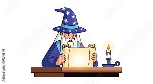 An enchanting illustration of an ancient wizard deeply engrossed in reading a magical scroll by candlelight, embodying a classic fantasy theme in a vibrant flat 2D cartoon style