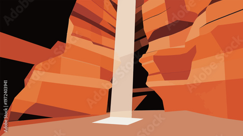 Waterfall flows down the rocks in a narrow canyon under bright sunlight during midday hours