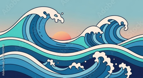 a colorful digital illustration of ocean waves at sunset with blue and white hues and a vibrant oran