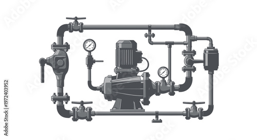 Industrial Pump System with Piping and Gauges - Engineering Infrastructure
