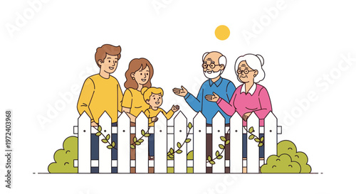 Multi-generational family gathering outdoors, neighbors chatting over white picket fence