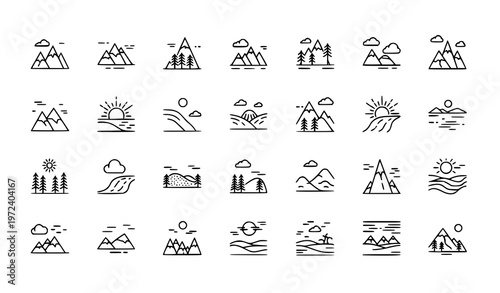 Landscape outline icon set with mountains, forests, rivers, and natural scenery symbols