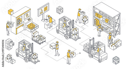 Warehouse logistics and material handling with forklifts and workers.