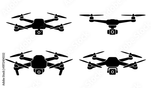 Drone silhouette vector set with four quadcopter icons in simple black design for aerial technology use