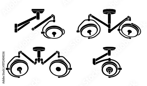 Ceiling mounted surgical light silhouette vector set with operating room lamps for medical equipment design